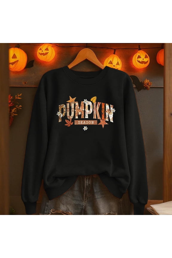 Women's Fall Winter Halloween Christmas Thanksgiving Casual Pumpkin Season Print Gifts Long Sleeved Round Neck Sweatshirt Long Sleeve Vintage Top