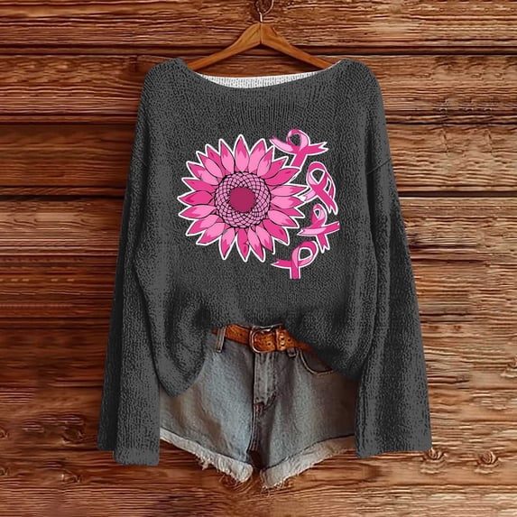 Craaazy Women's Fashion Breast Cancer Awareness Prints Shirts Round Neck Long Sleeve Pullover Knitted Tops Gifts
