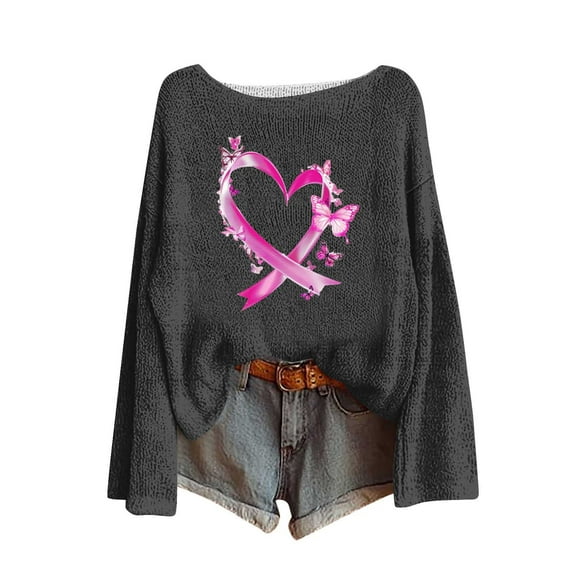 Craaazy Women's Fashion Breast Cancer Awareness Prints Shirts Round Neck Long Sleeve Pullover Knitted Tops Gifts