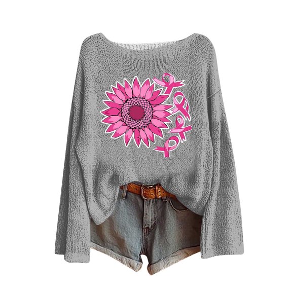 Craaazy Women's Fashion Breast Cancer Awareness Prints Shirts Round Neck Long Sleeve Pullover Knitted Tops Gifts