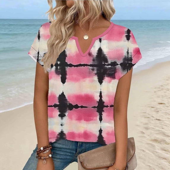Craaazy Women's Fashion Casual Fitted Colorful Print V Neck Short Sleeve T-Shirt with Lightweight Fabric for Daily Wear Gifts