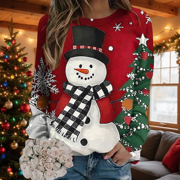 Craaazy Women's Fashion Christmas Snowman Printed Casual Round Neck Long Sleeve Loose Shirts Gifts
