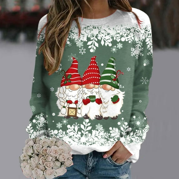 Craaazy Women's Fashion Christmas Snowman Printed Casual Round Neck Long Sleeve Loose Shirts Gifts