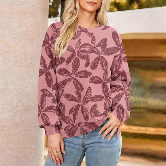 Craaazy Women's Fashion Floral Printed Casual Long Sleeve Loose Crewneck Hoodless Blouse Gifts