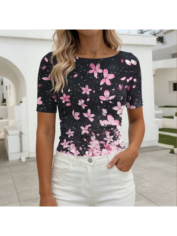 Women's Fashion Floral Star Print Boat Neck Elbow Sleeve Blouse Ruched Side Slim Fit Casual Top