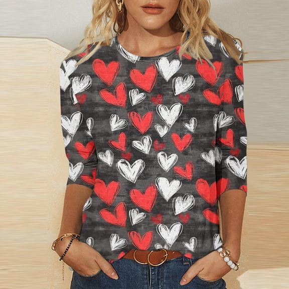 Craaazy Women's Fashion Heart Printed Tops 3/4 Sleeve Blouse Round Neck Casual Loose Valentines Shirts Gifts