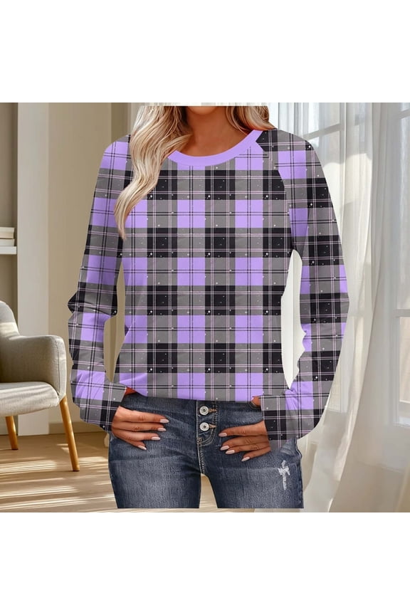 Women's Fashion Long Sleeve Shirt Plaid Print T-Shirt Casual Round Neck Lightweight Casual Tops Gifts