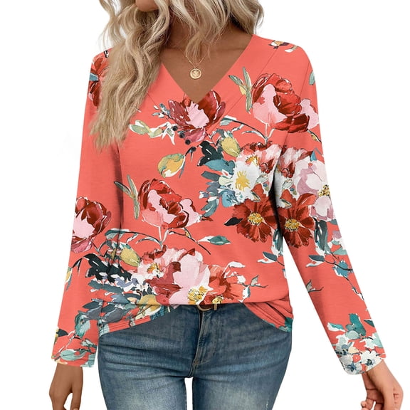 Craaazy Women's Fashion Printed Fall Gifts Tunics Long Sleeve Tops V Neck Shirts Loose Casual Blouses with Decor Button