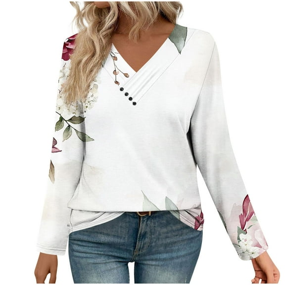 Craaazy Women's Fashion Printed Fall Gifts Tunics Long Sleeve Tops V Neck Shirts Loose Casual Blouses with Decor Button