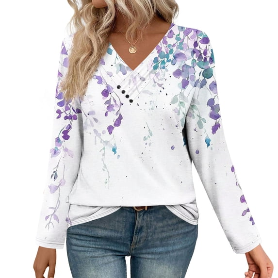Craaazy Women's Fashion Printed Fall Gifts Tunics Long Sleeve Tops V Neck Shirts Loose Casual Blouses with Decor Button