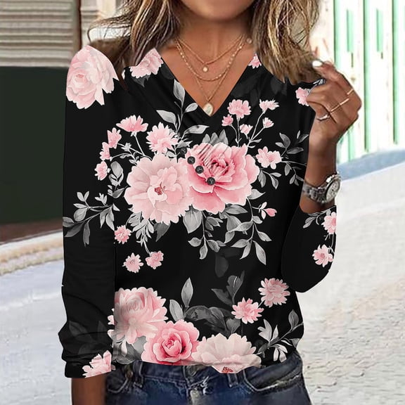 Craaazy Women's Fashion Printed Fall Tunics Long Gifts Sleeve Tops Cross V Neck Shirts Loose Casual Blouses with Decor Button