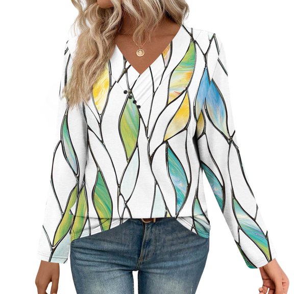 Craaazy Women's Fashion Printed Fall Tunics Long Sleeve Tops Cross V Neck Shirts Loose Casual Gifts Blouses with Decor Button