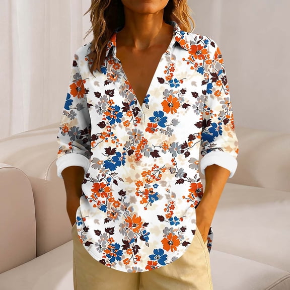 Craaazy Women's Fashion Prints Loose Long Sleeve V-Neck Lapel Button Shirts Gifts