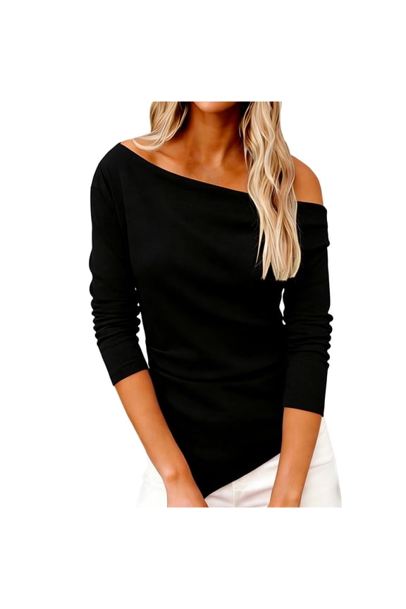 Women's Fashion Solid Color Asymmetrical Off Shoulder Long Sleeve Blouse, Ruched Asymmetrical Hem Top for Office, Party & Night Out Gifts