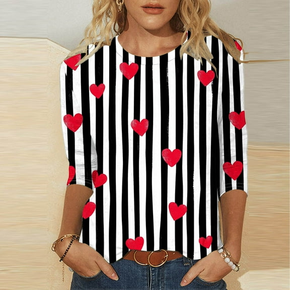 Craaazy Women's Fashion Valentines Shirts Love Heart Printed T-shirt 3/4 Sleeve Blouses Crewneck Casual Loose Tops Gifts