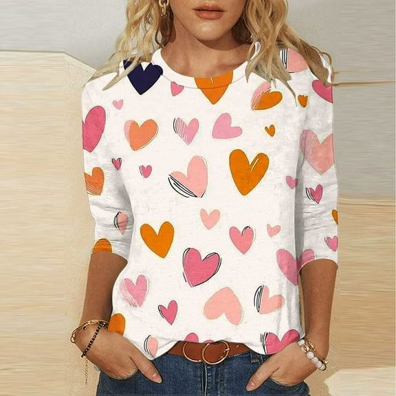 Craaazy Women's Fashion Valentines Shirts Love Heart Printed T-shirt 3/4 Sleeve Blouses Crewneck Casual Loose Tops Gifts