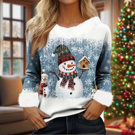 Craaazy Women's Fashionable Christmas Printed Casual Long Sleeved Round Neck Winter Warm Pullover Tops Gifts