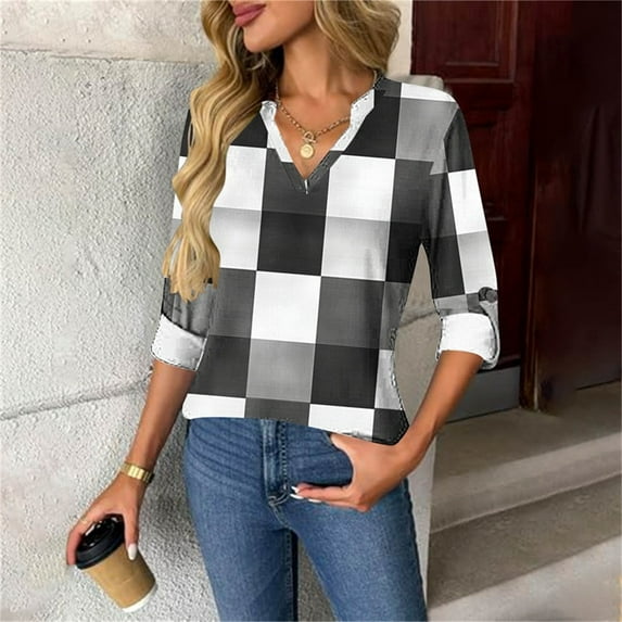 Craaazy Women's Fashional Print Color Long Sleeve Gifts V-neck Blouses. Long Sleeve Pullover With Button Decoration