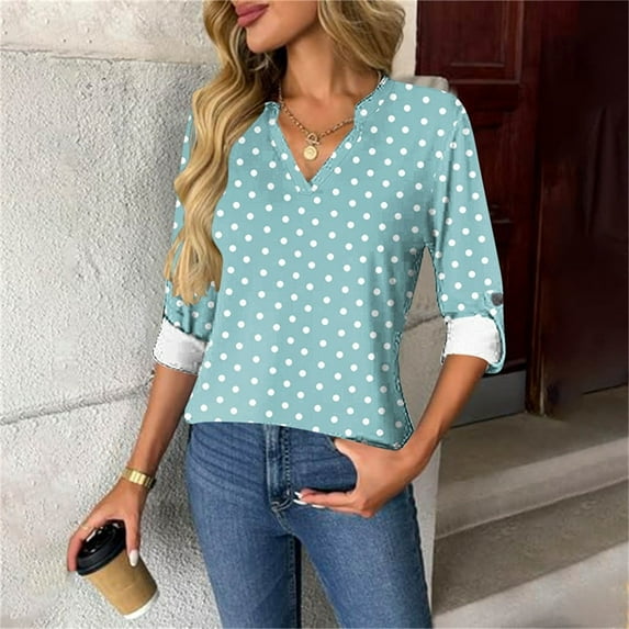 Craaazy Women's Fashional Print Color Long Sleeve Gifts V-neck Blouses. Long Sleeve Pullover With Button Decoration