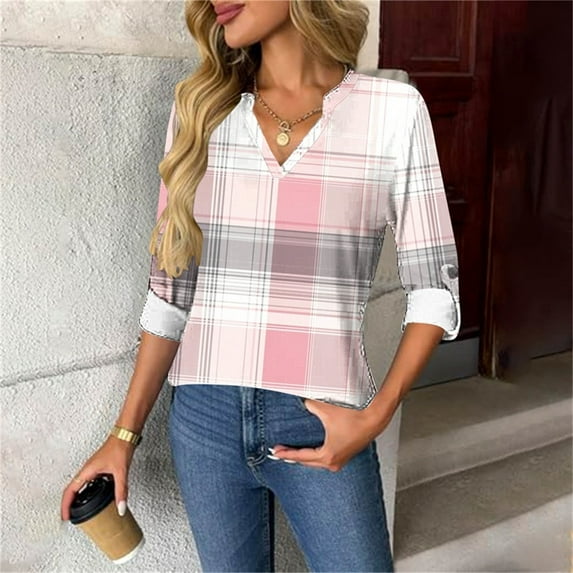 Craaazy Women's Fashional Print Color Long Sleeve Gifts V-neck Blouses. Long Sleeve Pullover With Button Decoration