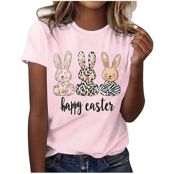 Craaazy Women's Festive Easter Bunny Print Short Sleeve Crew Neck Top - Relaxed Fit Casual Spring T-Shirt Gifts