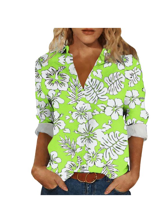 Women's Floral Print Long Sleeve Button Down Shirt Lapel Collar Loose Fit V-Neck Casual Hawaiian Style Blouse for Spring Summer Gifts
