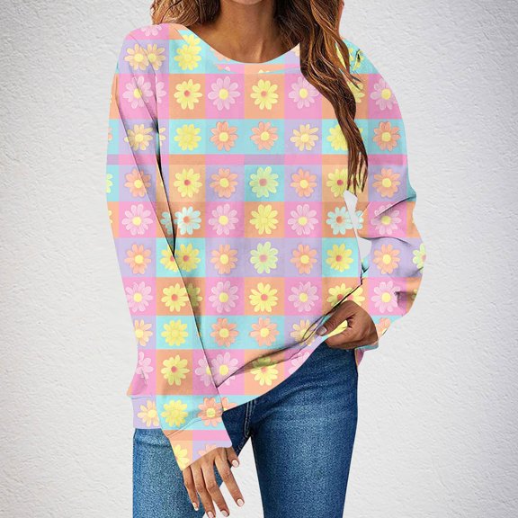 Craaazy Women's Floral Print Shirts Crewneck Long Sleeve Flower Pullover Tops Gifts