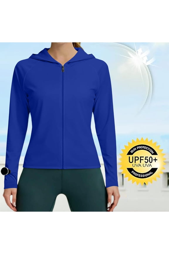Women's Full Zip Hooded Sun Protection Hoodie, Solid Color Long Sleeve Lightweight Athletic Top with Watch Cuff, Quick Dry Shirt for Sports