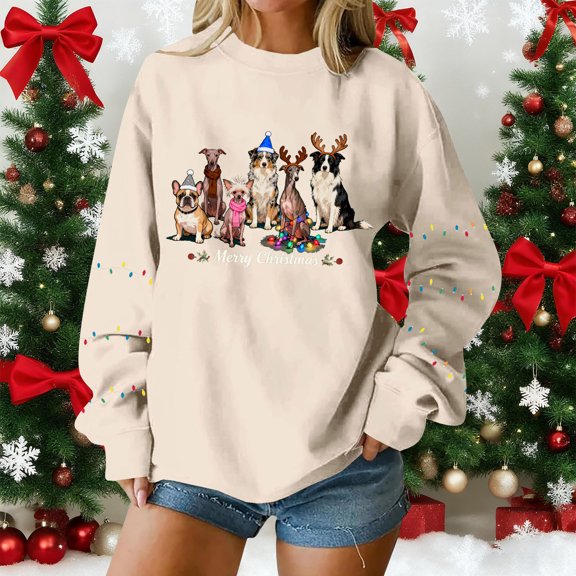 Craaazy Women's Funny Christmas Printed Long Sleeved Shirt Round Neck Christmas Sweatshirt Gifts