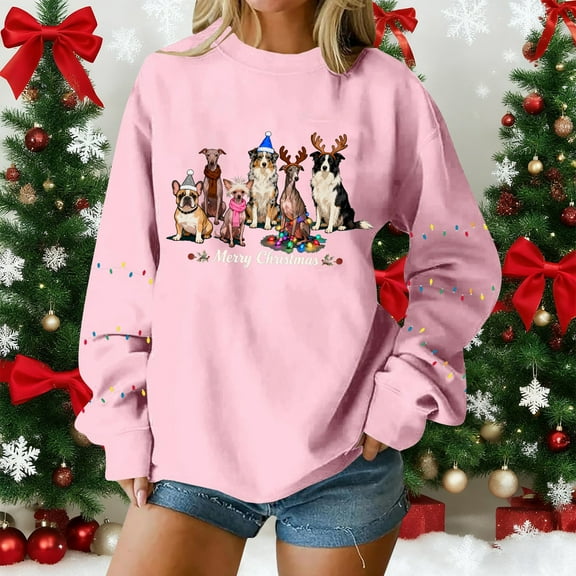 Craaazy Women's Funny Christmas Printed Long Sleeved Shirt Round Neck Christmas Sweatshirt Gifts