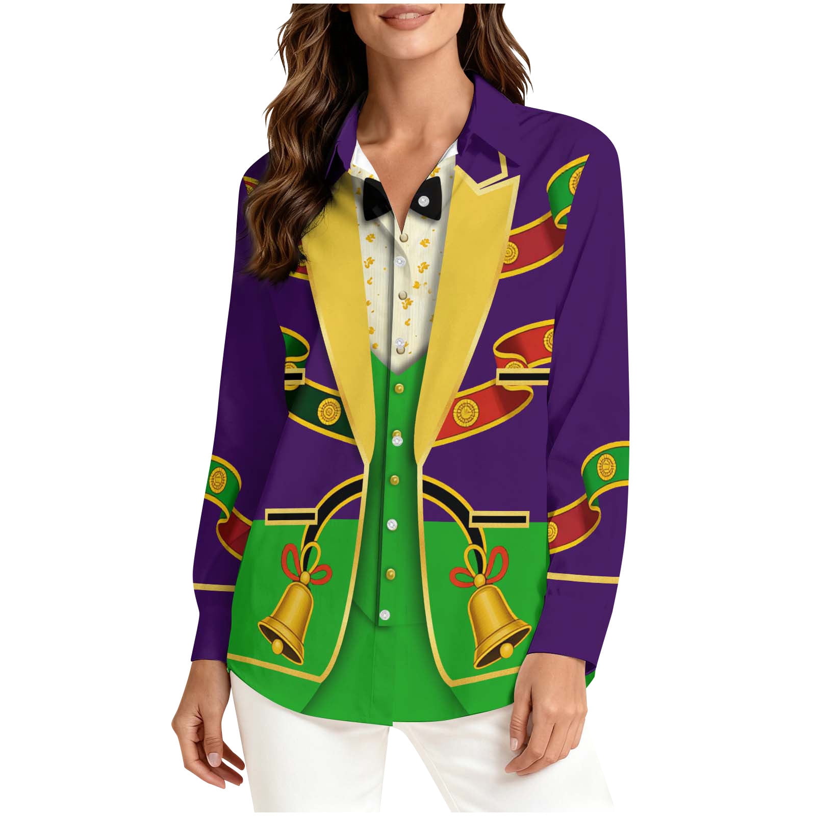 Craaazy Women's Funny Mardi Gras Casual Fashion Lapel Long Sleeved ...