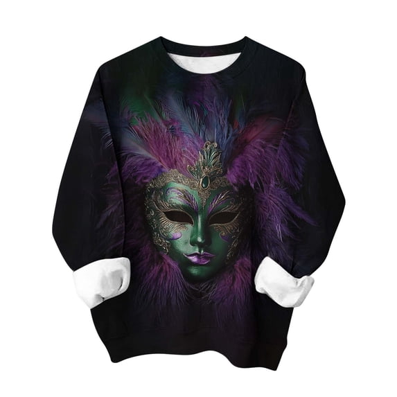 Craaazy Women's Funny Prints Carnival Party Crew Neck Loose Long Sleeve Mardi Gras Comfy Tops Gifts