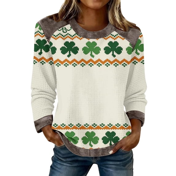Craaazy Women's Funny St Patrick's Day Plus Size Long Sleeve Waffle Shamrock Tops with Crewneck Patchwork Trim Gifts
