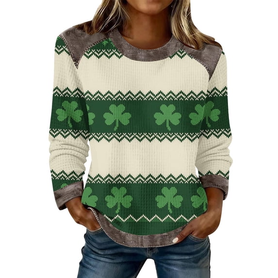 Craaazy Women's Funny St Patrick's Day Plus Size Long Sleeve Waffle Shamrock Tops with Crewneck Patchwork Trim Gifts