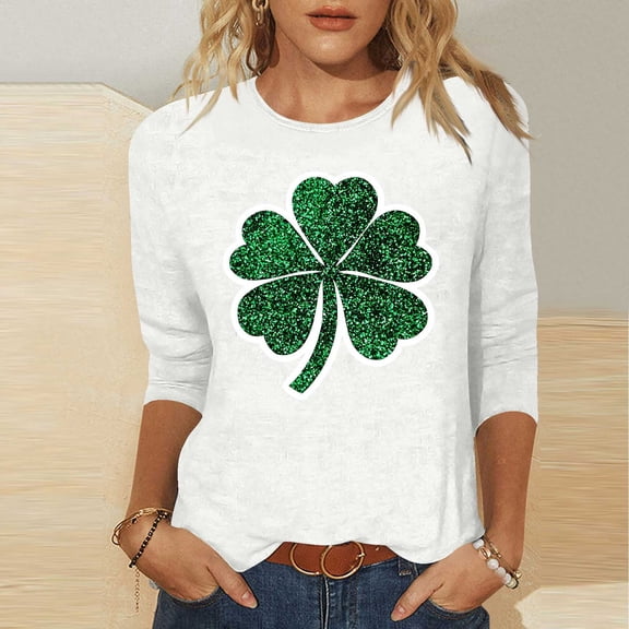 Craaazy Women's Funny St Patricks Day Shirts Shamrock Printed Loose 3/4 Sleeve T-Shirts Gifts