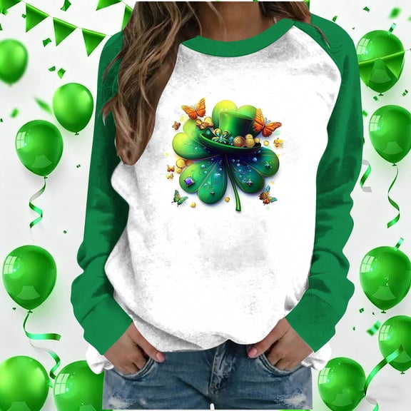 Craaazy Women's Green Shamrock St Patricks Day Crewneck Long Sleeve Shirts
