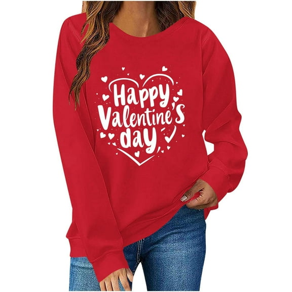 Craaazy Women's Heart Print Long Sleeve Valentines Shirts Round Neck Tops Gifts