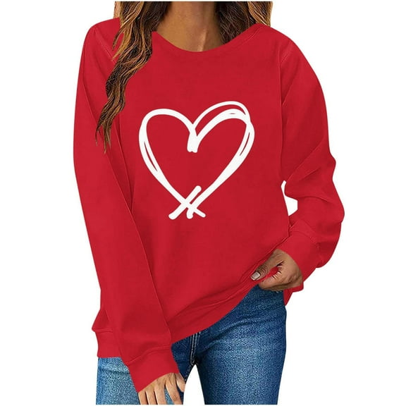 Craaazy Women's Heart Print Long Sleeve Valentines Shirts Round Neck Tops Gifts