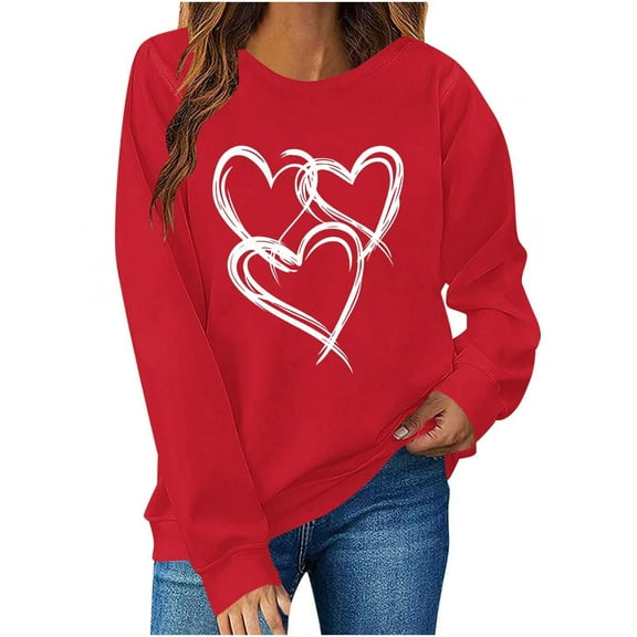 Craaazy Women's Heart Print Long Sleeve Valentines Shirts Round Neck Tops Gifts