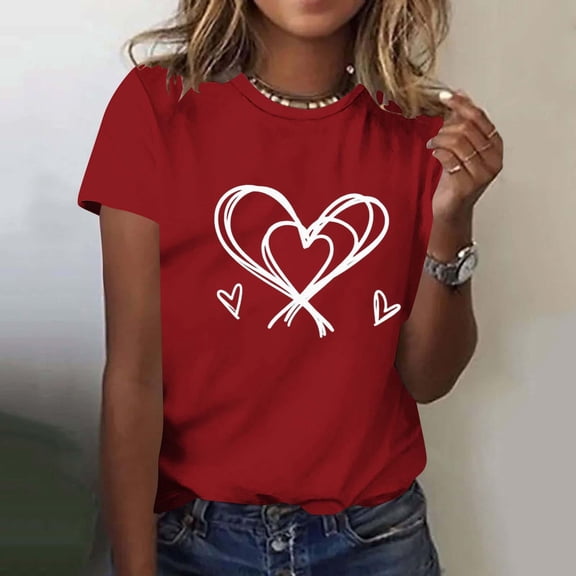 Craaazy Women's Heart Print Short Sleeve Round Neck Top Valentines T-Shirt Gifts