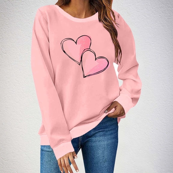 Craaazy Women's Heart Printed Valentines Shirts Crewneck Loose Long Sleeve Tops Gifts
