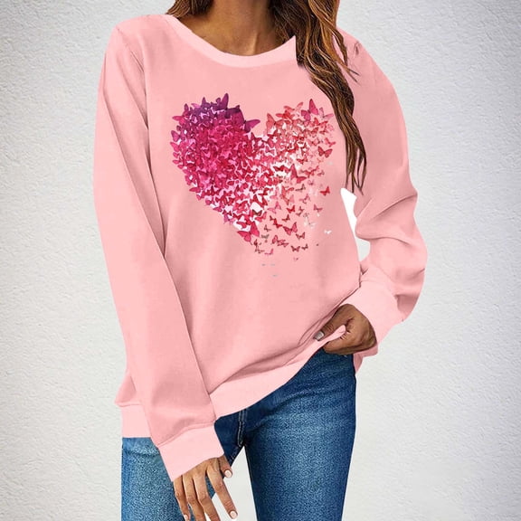 Craaazy Women's Heart Printed Valentines Shirts Crewneck Loose Long Sleeve Tops Gifts