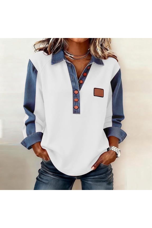 Women's Lapel Button Denim Patchwork Long Sleeve Sweatshirts Gifts