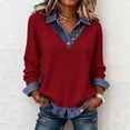 thumbnail image 1 of Craaazy Women's Lapel Button Denim Patchwork Long Sleeve Tops Gifts, 1 of 7