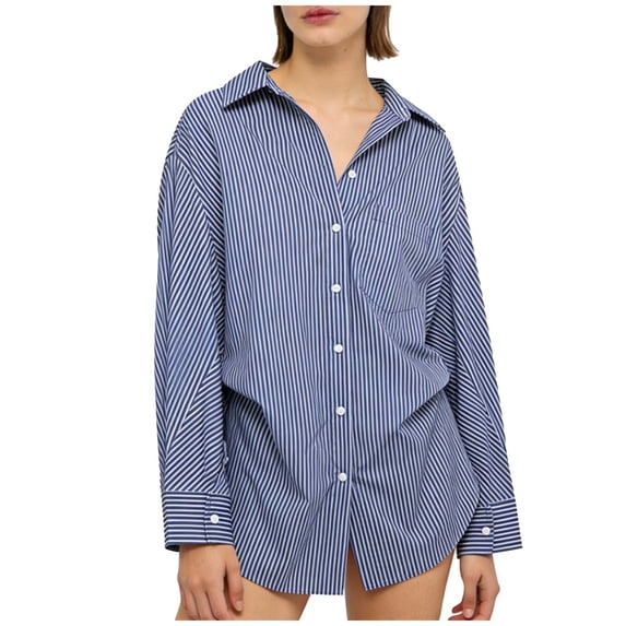 Craaazy Women's Lapel Striped Long Sleeve Button Down Shirts Gifts