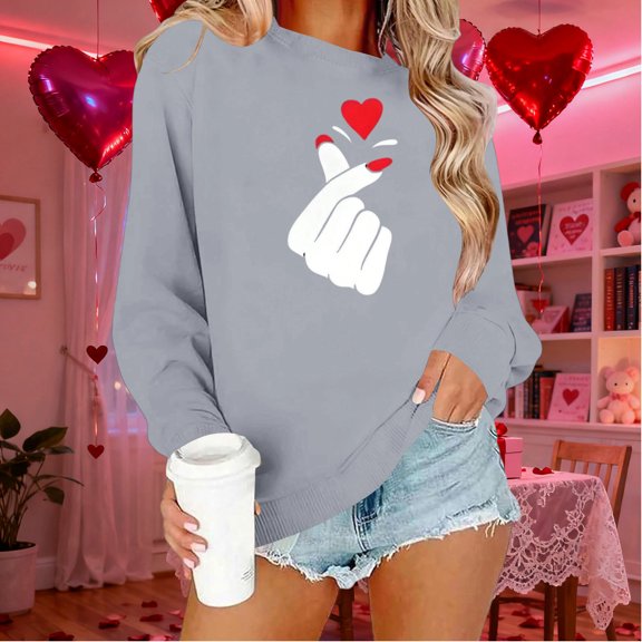 Craaazy Women's Long Sleeve Casual Valentine Clothes Round Neck Blouse Funny Love Heart Printed Tops Gifts