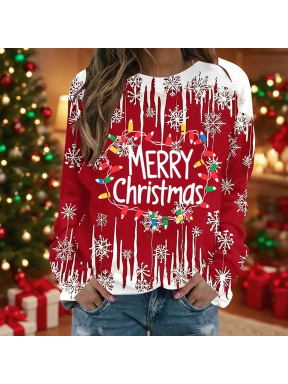 Women's Long Sleeve Christmas Shirts Crewneck Santa Fashion Tops Gifts