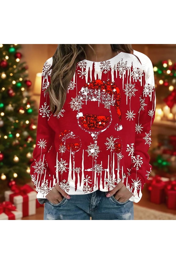 Women's Long Sleeve Christmas Shirts Crewneck Santa Fashion Tops Gifts