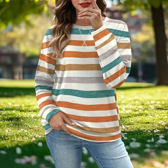 Craaazy Women's Long Sleeve Shirt Casual Colourful Striped Crewneck Loose Tops Gifts