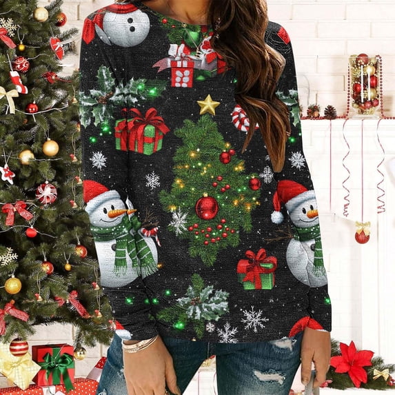 Craaazy Women's Long Sleeve Shirts Colorful Christmas Printed Round Neck Xmas Tops Gifts